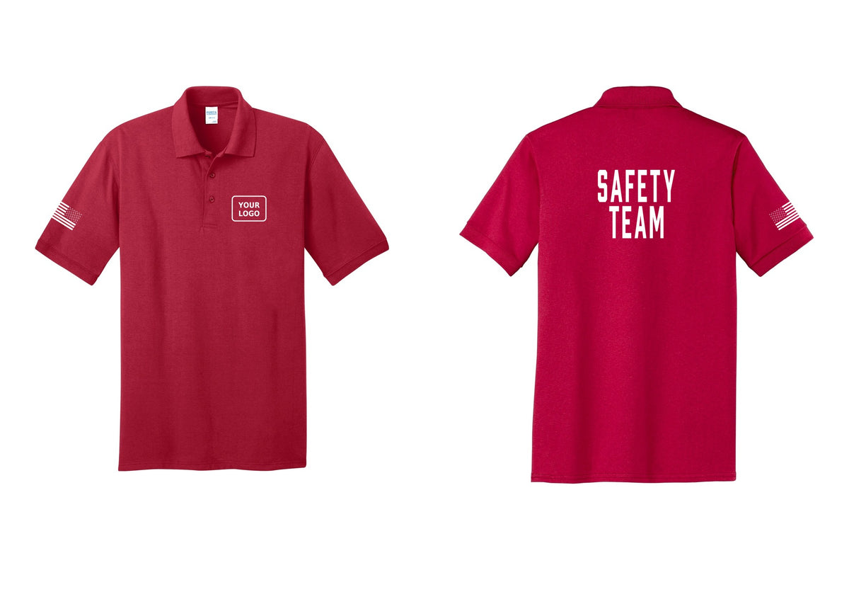 NYC Factory Custom Logo Safety Team Polo Shirt (Classic) - Your Logo + Back + US Flag Sleeve - Red