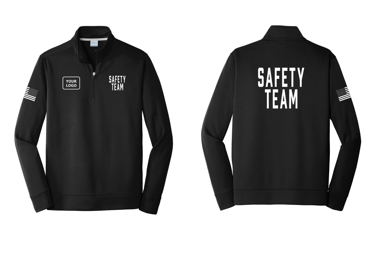 NYC Factory Custom Logo Safety Team Performance Fleece 1/4-Zip Pullover Sweatshirt (Classic) - SAFETY TEAM + Your Logo + Back + US Flag Sleeve - Black
