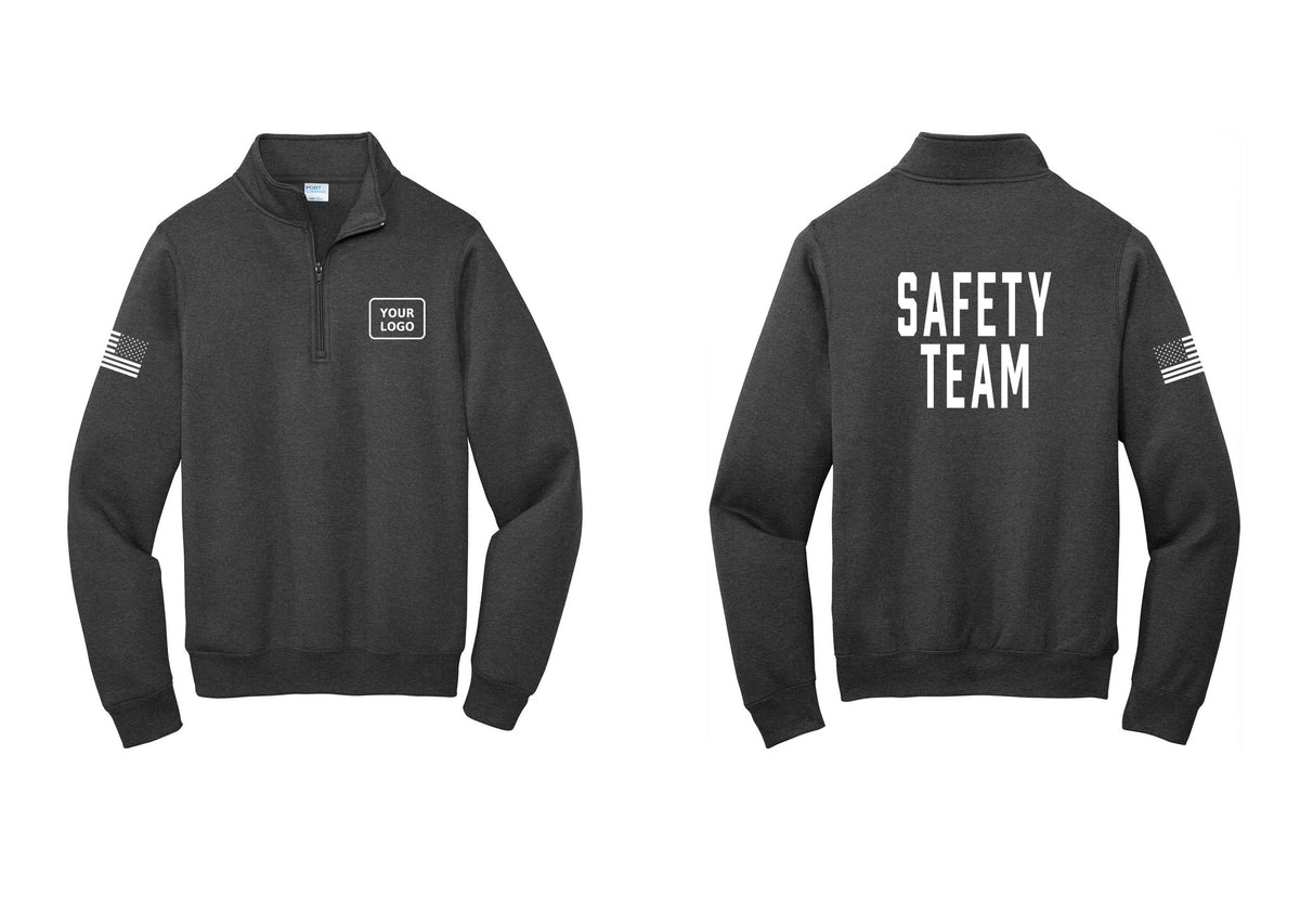 NYC Factory Custom Logo Safety Team Cotton Fleece 1/4-Zip Pullover Sweatshirt (Classic) - Your Logo + Back + US Flag Sleeve - Dark Heather Grey