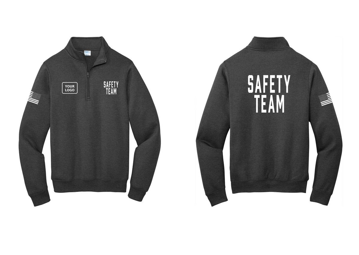 NYC Factory Custom Logo Safety Team Cotton Fleece 1/4-Zip Pullover Sweatshirt (Classic) - SAFETY TEAM + Your Logo + Back + US Flag Sleeve - Dark Heather Grey