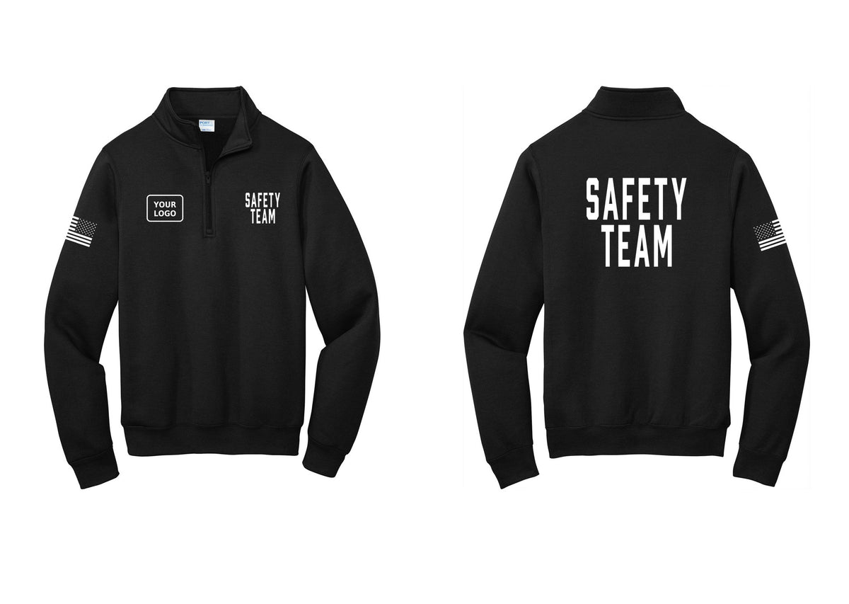 NYC Factory Custom Logo Safety Team Cotton Fleece 1/4-Zip Pullover Sweatshirt (Classic) - SAFETY TEAM + Your Logo + Back + US Flag Sleeve - Black