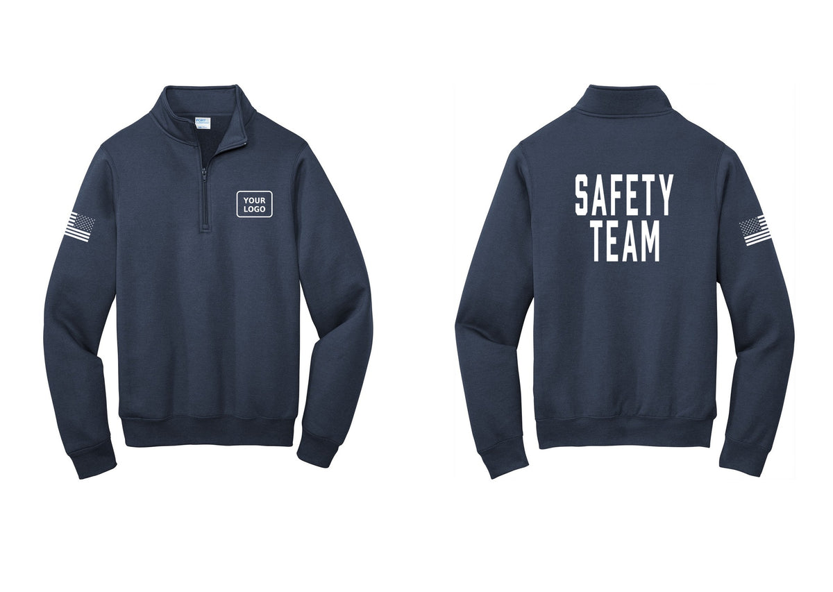 NYC Factory Custom Logo Safety Team Cotton Fleece 1/4-Zip Pullover Sweatshirt (Classic) - Your Logo + Back + US Flag Sleeve - Navy