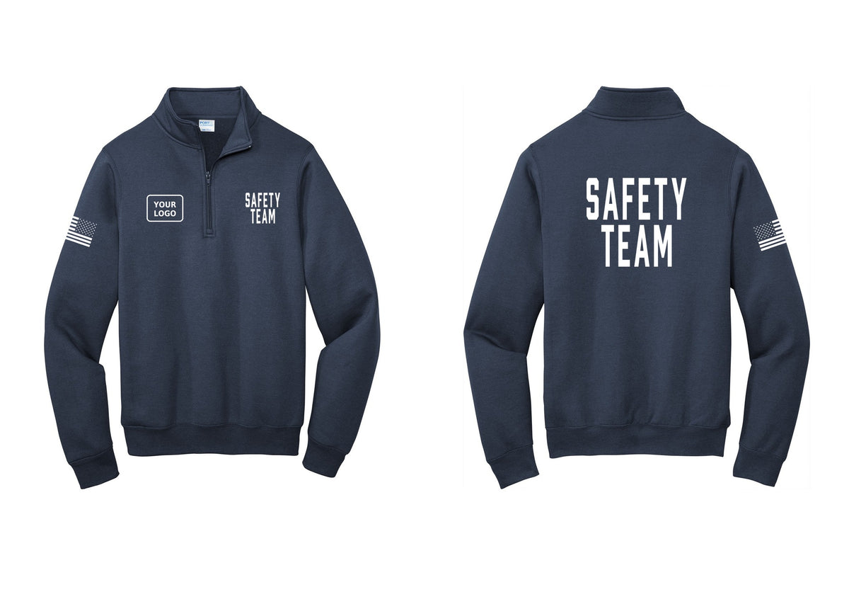 NYC Factory Custom Logo Safety Team Cotton Fleece 1/4-Zip Pullover Sweatshirt (Classic) - SAFETY TEAM + Your Logo + Back + US Flag Sleeve - Navy