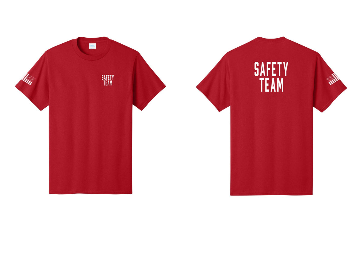 NYC Factory Safety Team T-Shirt for Events, Venues & Volunteers (Classic) - Chest + Back + US Flag Sleeve - Red