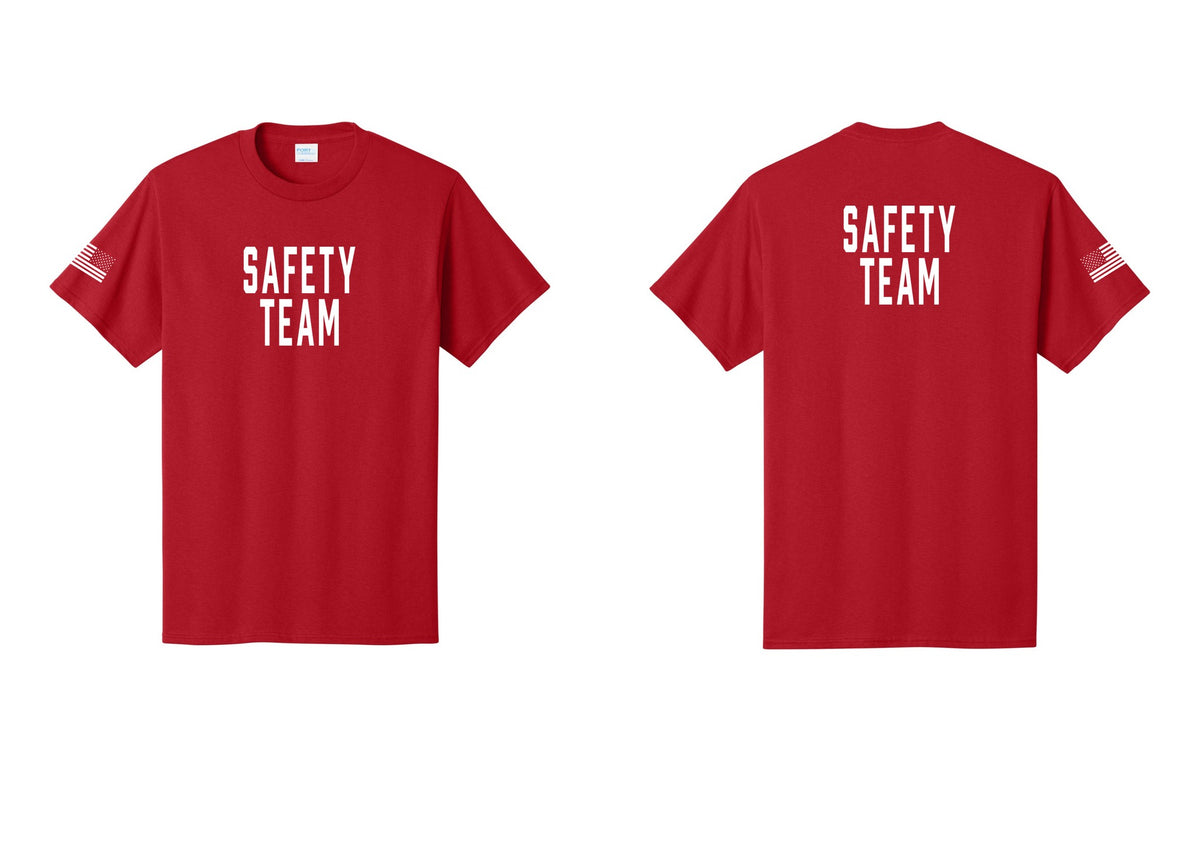 NYC Factory Safety Team T-Shirt for Events, Venues & Volunteers (Classic) - Front + Back + US Flag Sleeve - Red