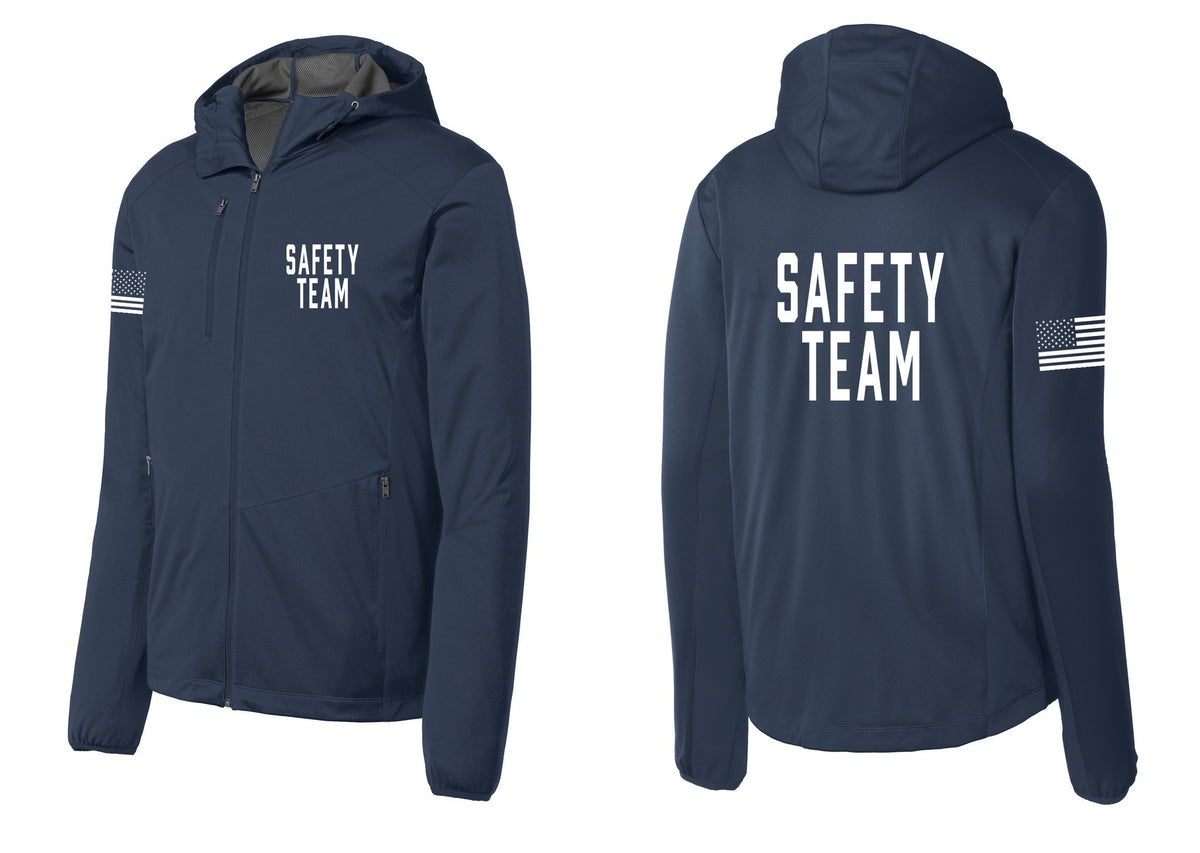 NYC Factory Safety Team Soft Shell Hooded Jacket (Classic) - Chest + Back + US Flag Sleeve - Dress Blue Navy