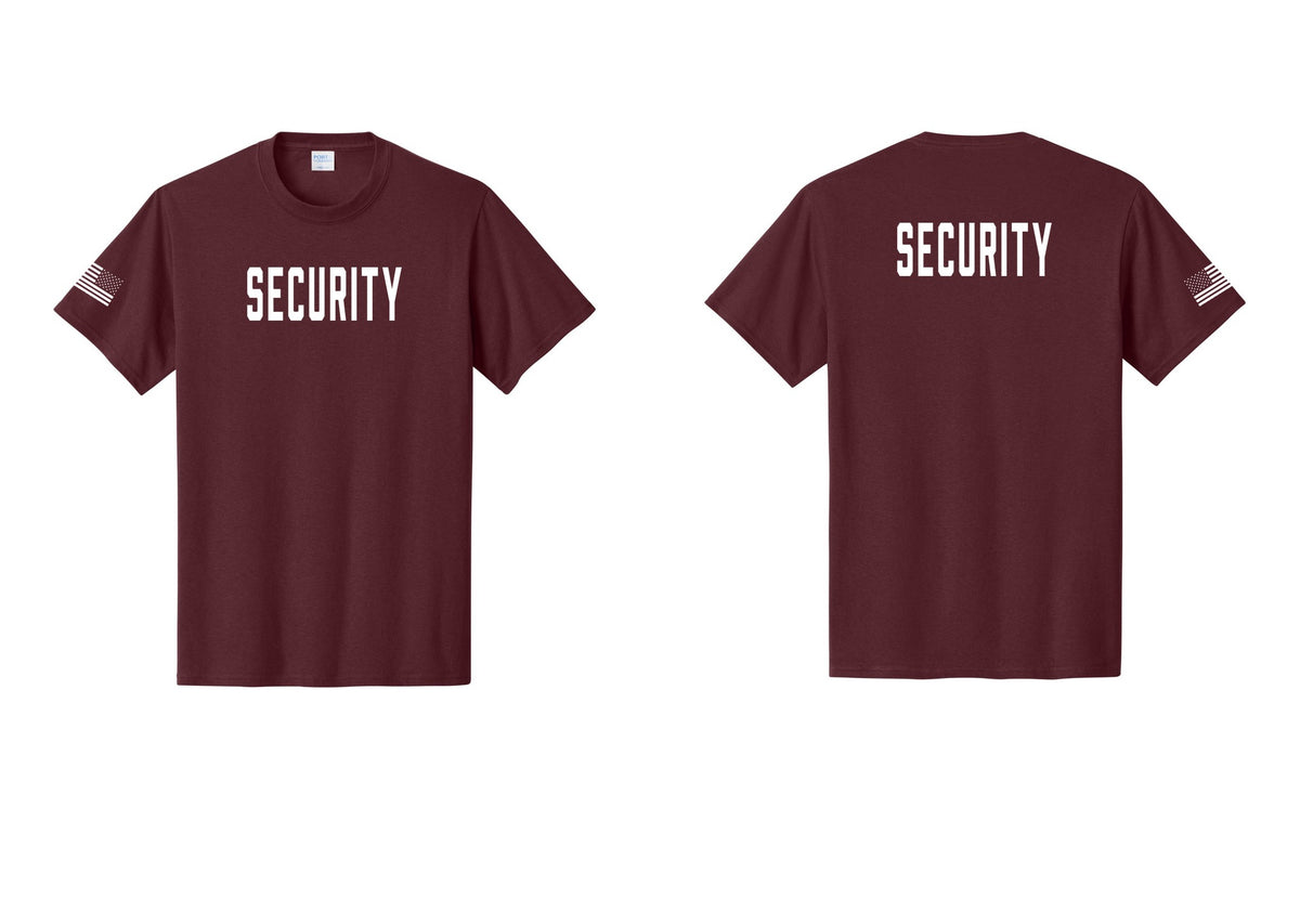 NYC Factory Security T-Shirt, Condensed Lettering - Front + Back + US Flag Sleeve - Athletic Maroon