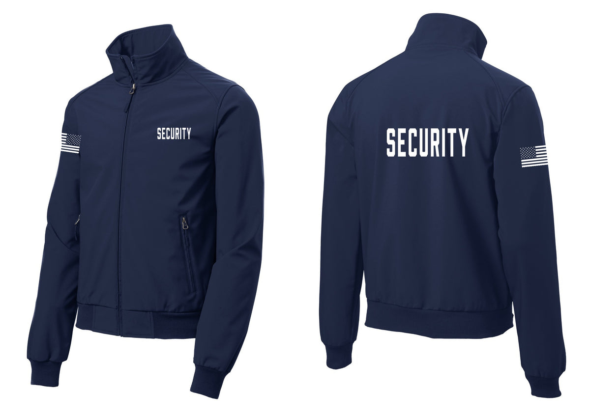 NYC Factory Security Soft Shell Bomber Jacket (Classic) - Chest + Back + US Flag Sleeve - Dress Blue Navy