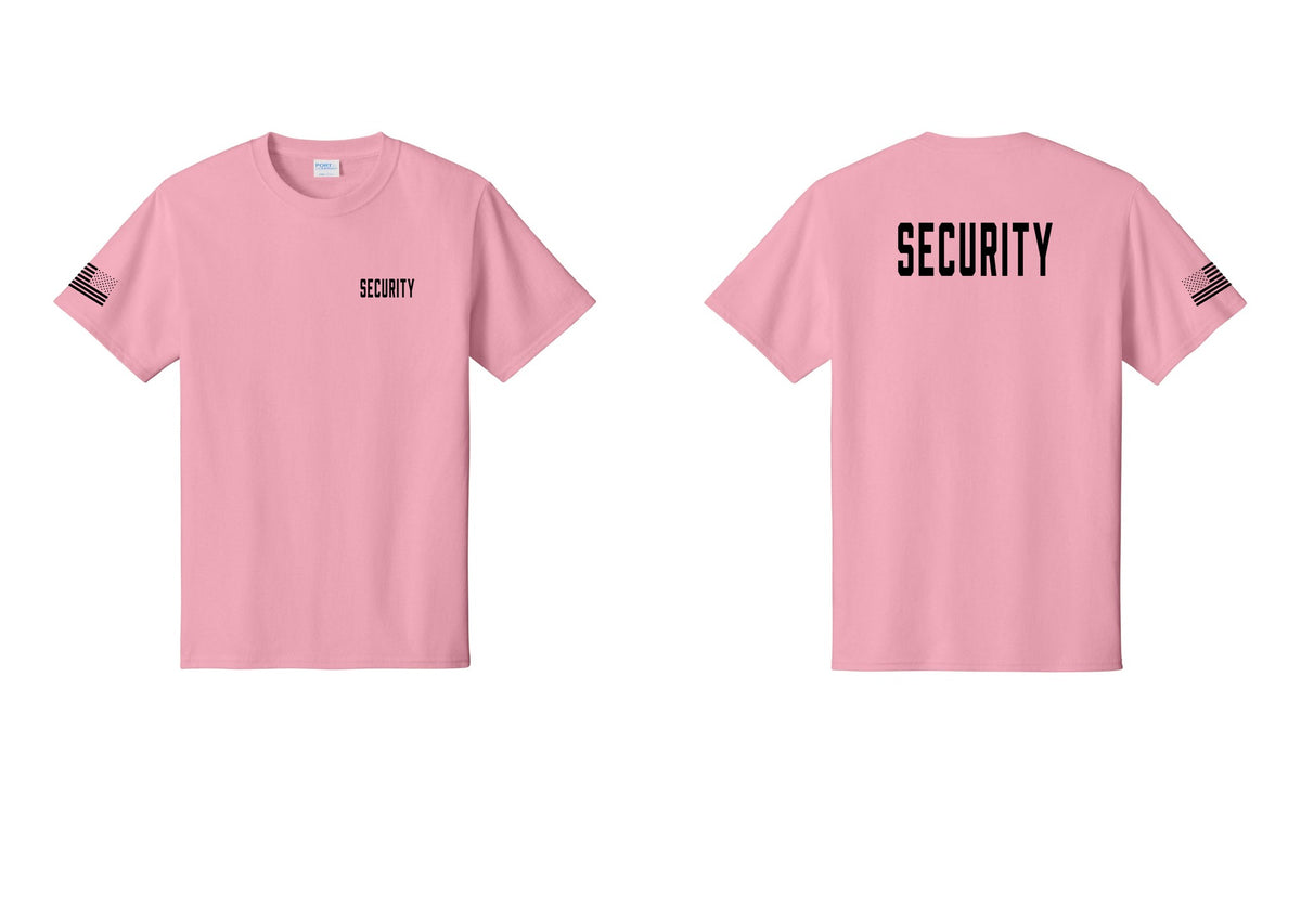 NYC Factory Unisex Security Black T-Shirt - Chest + Back + US Flag Sleeve - Candy Pink