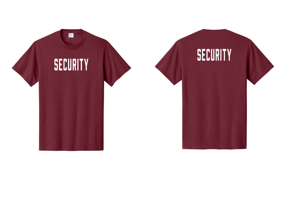 NYC Factory Security T-Shirt, Condensed Lettering - Front + Back - Cardinal