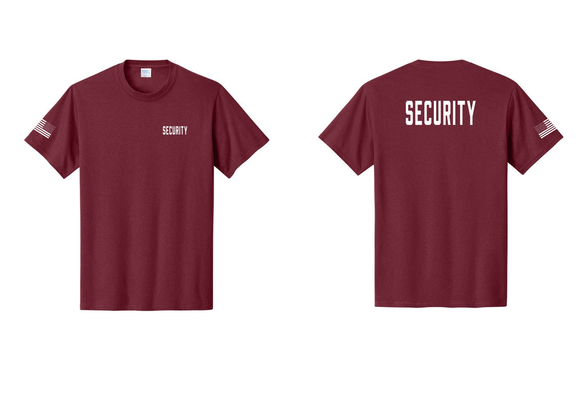 NYC Factory Unisex Security Black T-Shirt - Chest + Back + US Flag Sleeve - Cardinal
