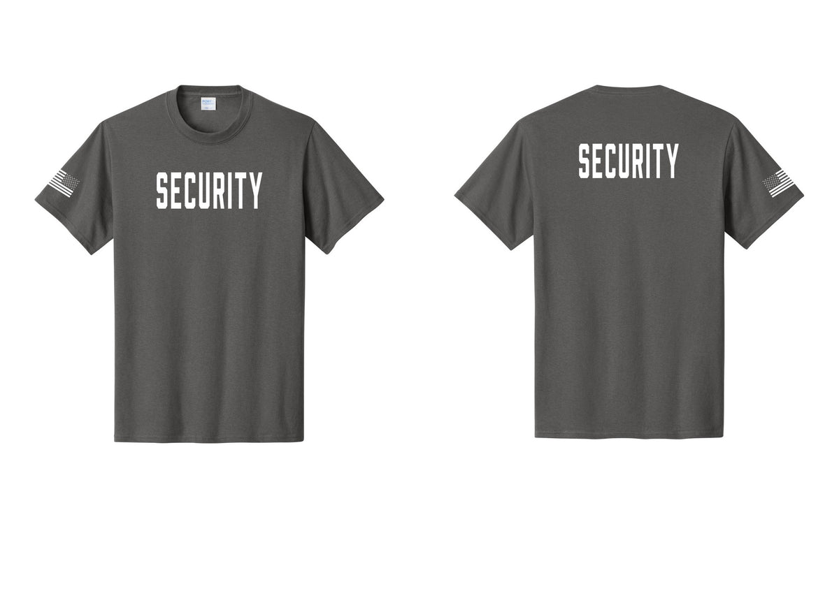 NYC Factory Unisex Security Black T-Shirt - Front + Back + US Flag Sleeve - Charcoal