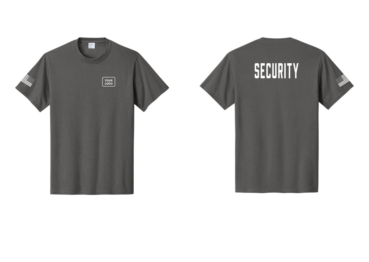 NYC Factory Unisex Security Custom Logo Black T-Shirt - Your Logo + Back + US Flag Sleeve - Charcoal