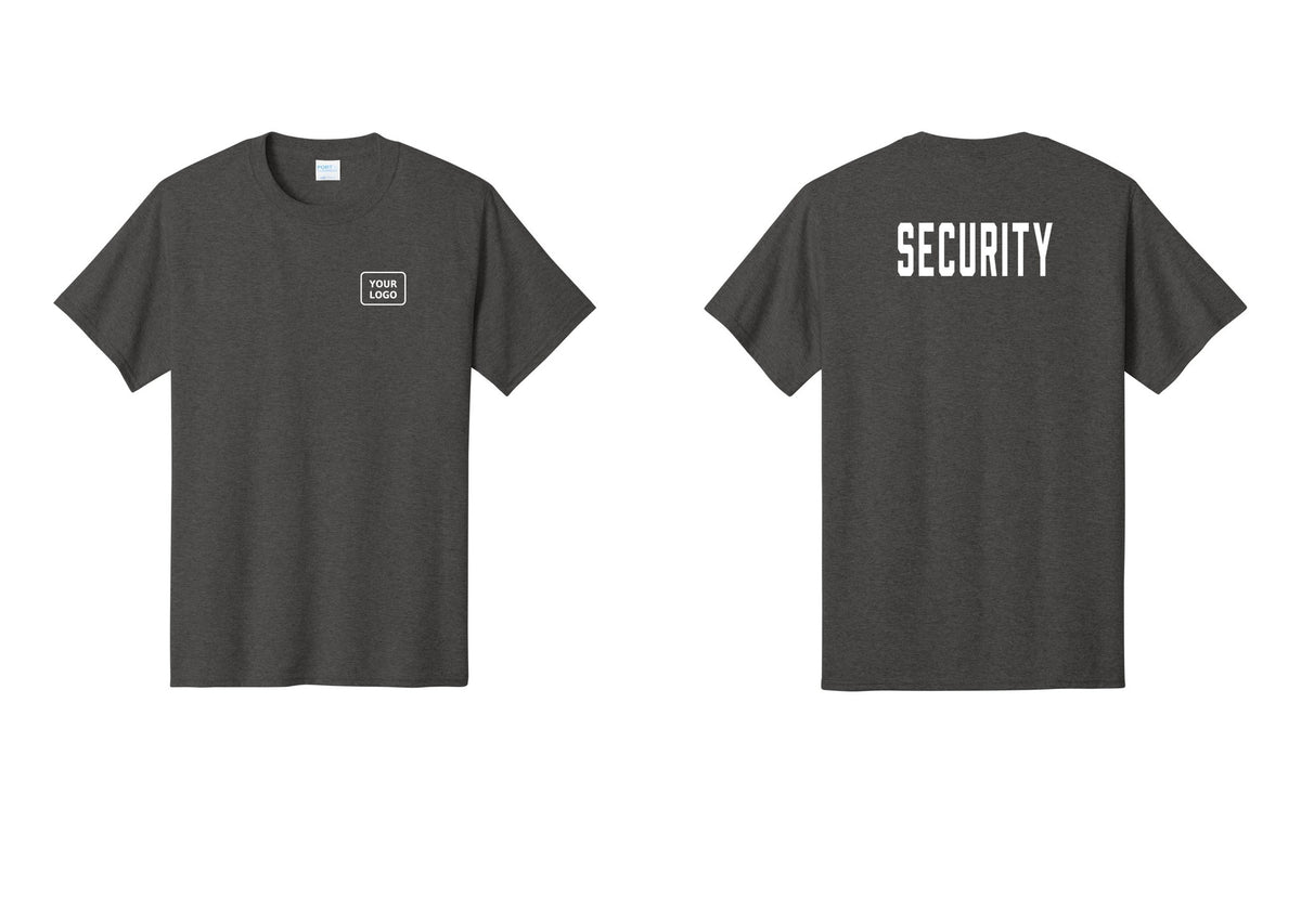 NYC Factory Custom Logo Security T-Shirt, Condensed Lettering - Your Logo + Back - Dark Heather Grey