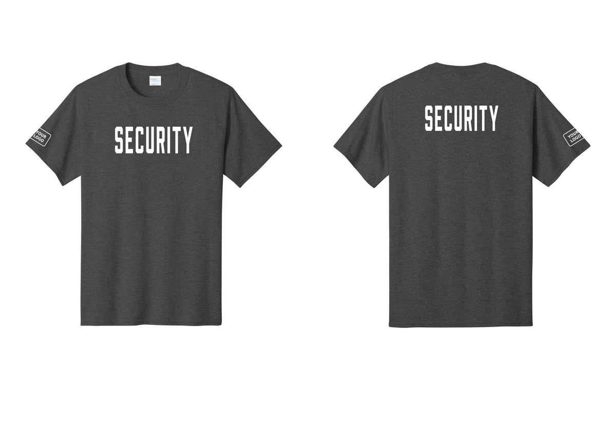 NYC Factory Unisex Security Custom Logo Black T-Shirt - Front + Back + Your Logo Sleeve - Dark Heather Grey