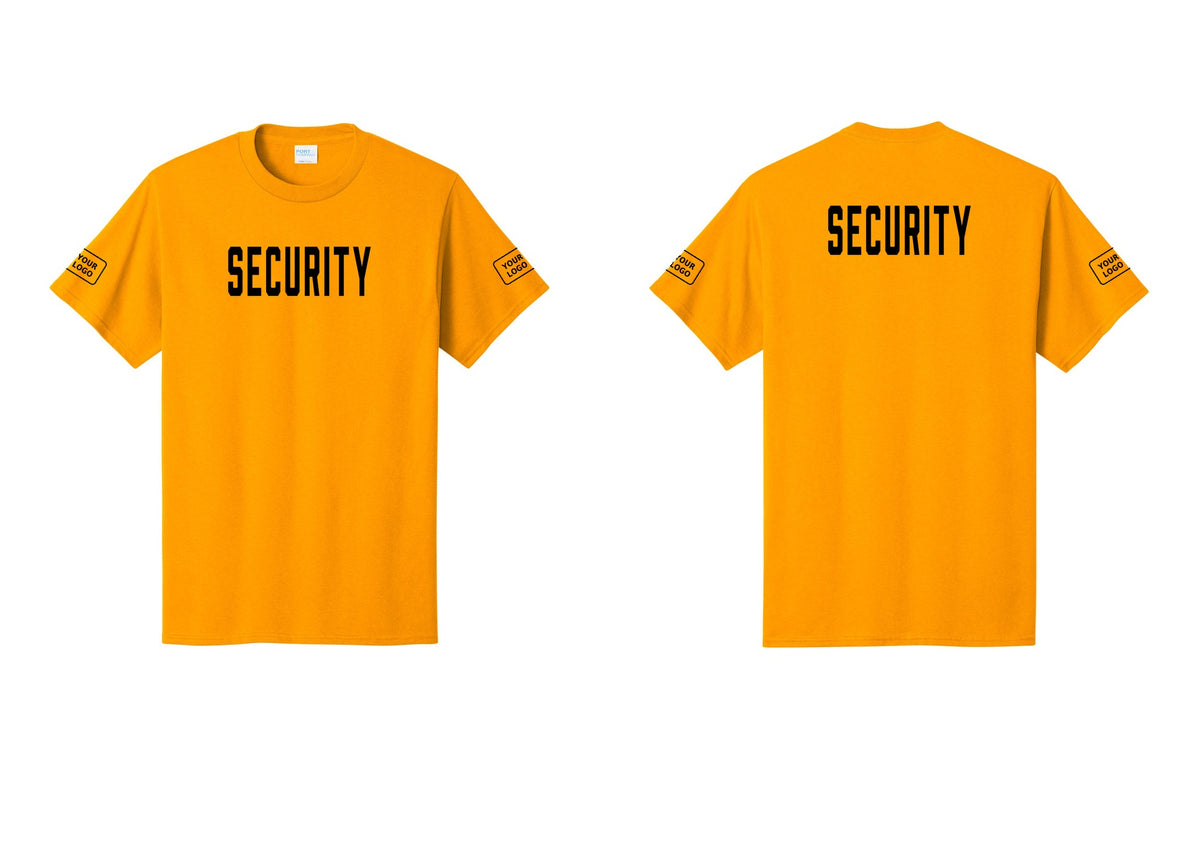 NYC Factory Custom Logo Security T-Shirt, Condensed Lettering - Front + Back + Your Logo Sleeves - Gold