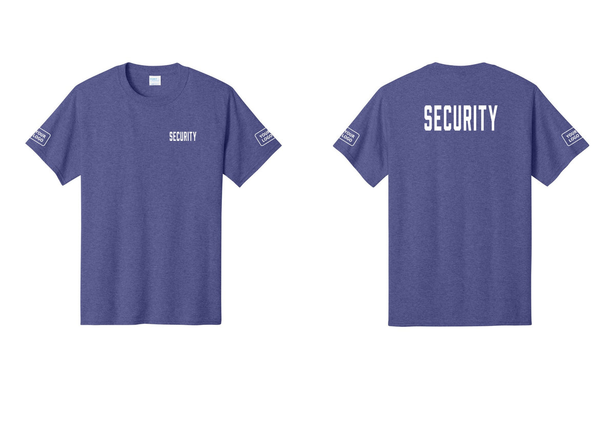 NYC Factory Custom Logo Security T-Shirt, Condensed Lettering - Chest + Back + Your Logo Sleeves - Heather Purple