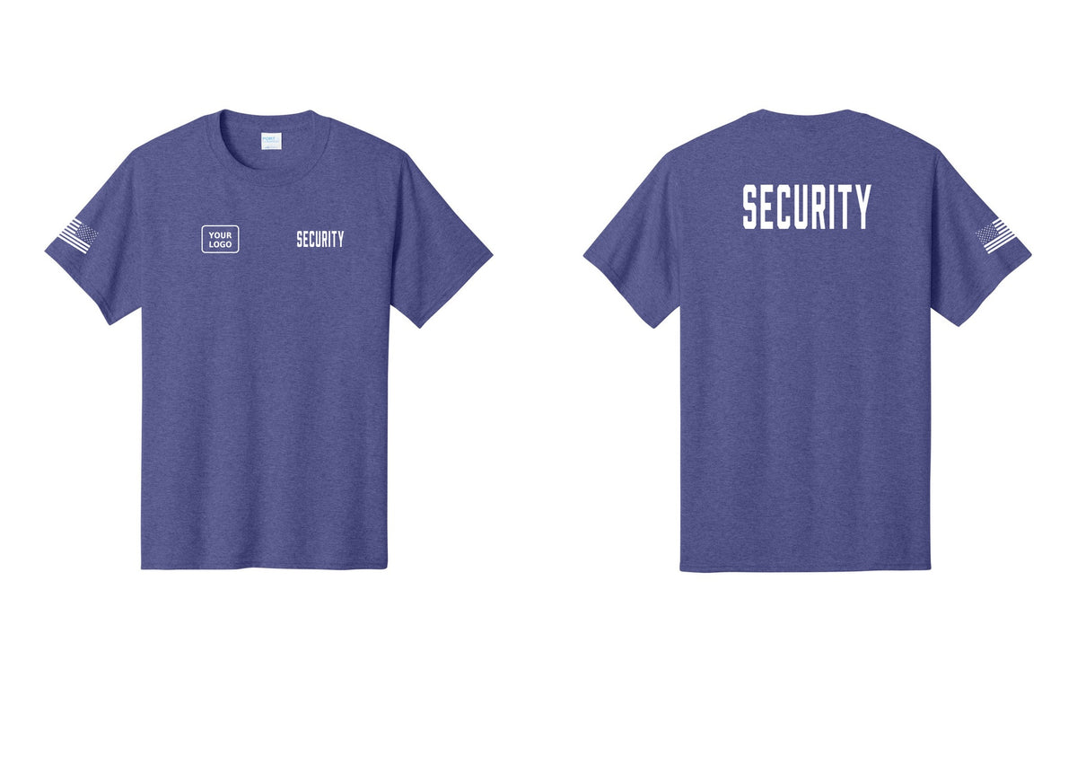 NYC Factory Custom Logo Security T-Shirt, Condensed Lettering - SECURITY + Your Logo + Back + US Flag Sleeve - Heather Purple