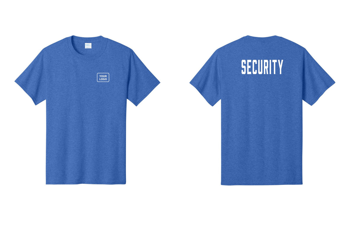 NYC Factory Custom Logo Security T-Shirt, Condensed Lettering - Your Logo + Back - Heather Royal