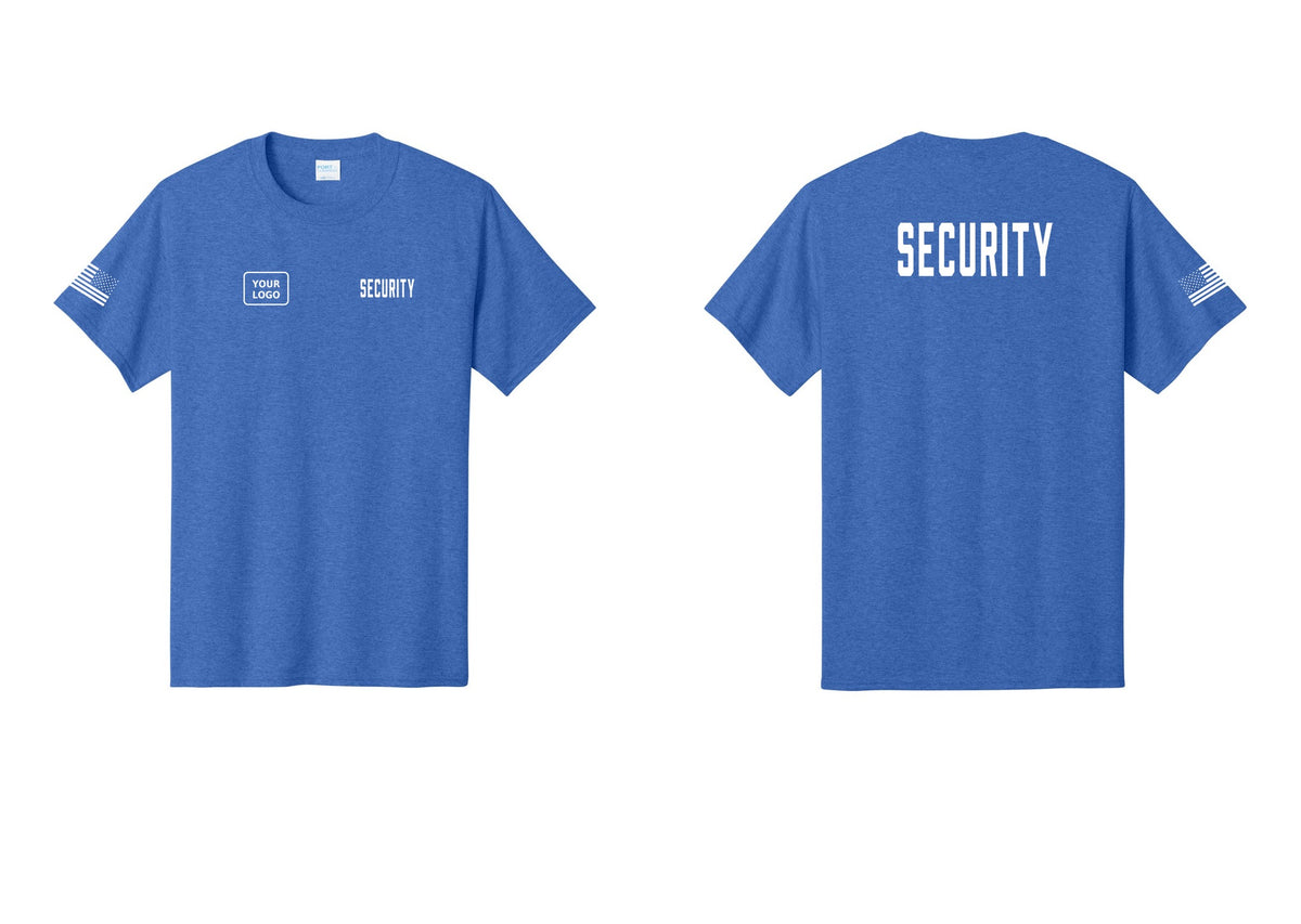 NYC Factory Unisex Security Custom Logo Black T-Shirt - SECURITY + Your Logo + Back + US Flag Sleeve - Heather Royal