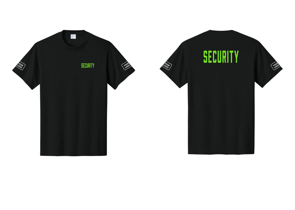 NYC Factory Custom Logo Security T-Shirt, Condensed Lettering - Chest + Back + Your Logo Sleeves - Black / Neon