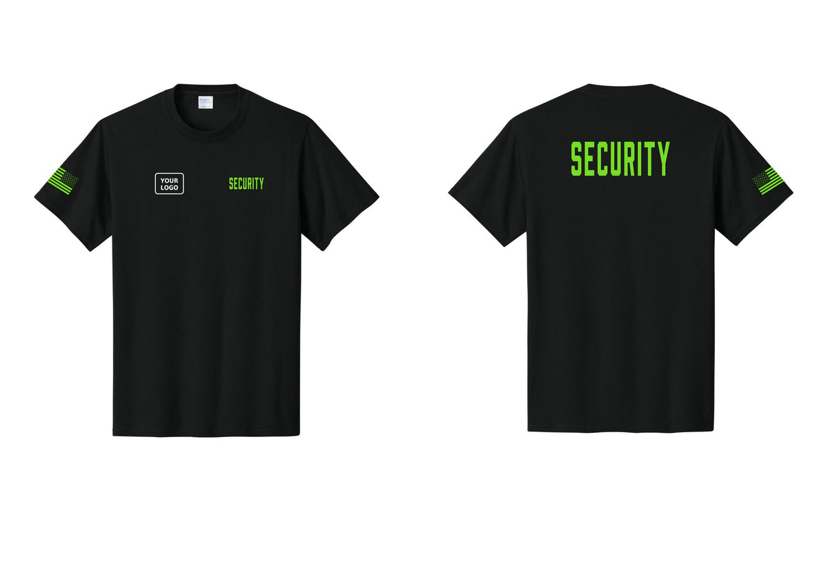 NYC Factory Unisex Security Custom Logo Black T-Shirt - SECURITY + Your Logo + Back + US Flag Sleeve - Black / Neon