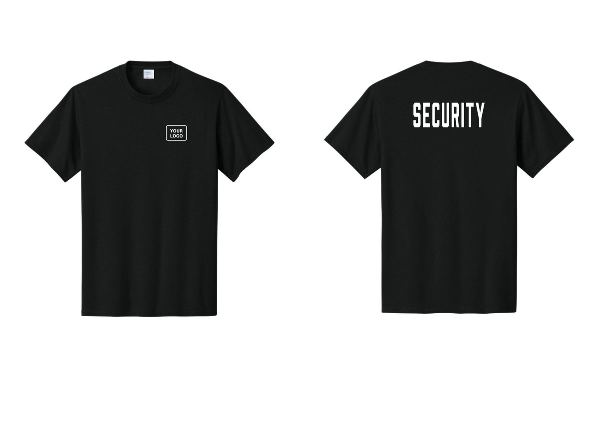 NYC Factory Custom Logo Security T-Shirt, Condensed Lettering - Your Logo + Back - Black