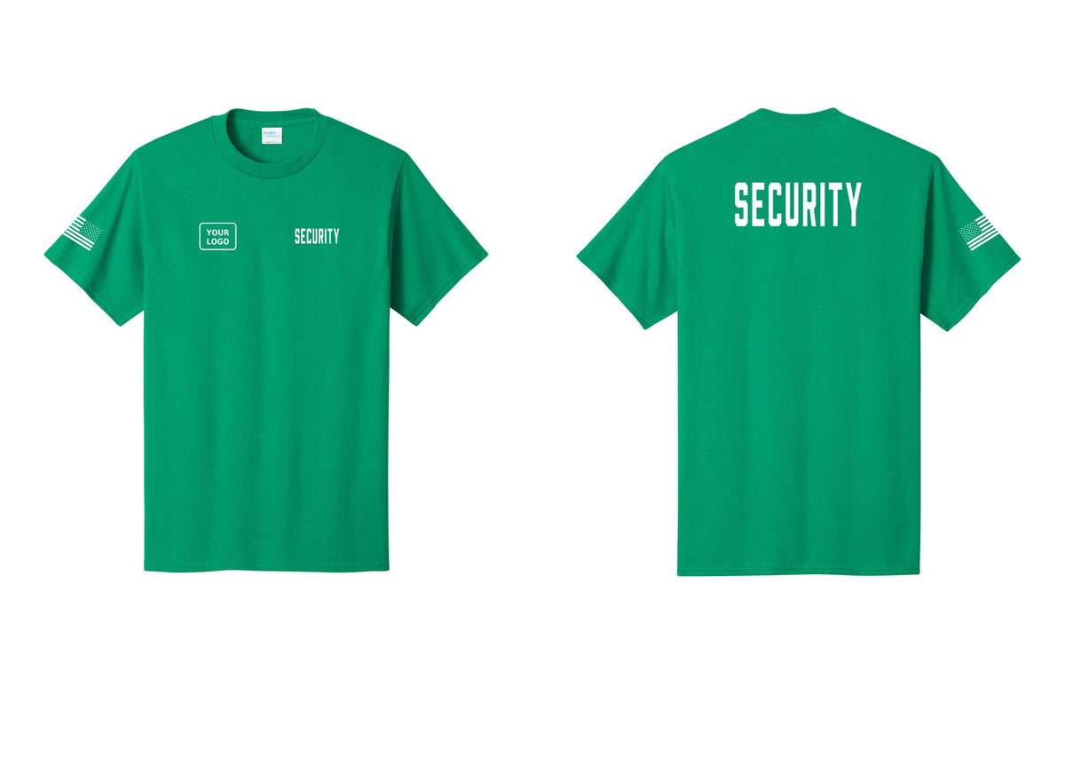 NYC Factory Unisex Security Custom Logo Black T-Shirt - SECURITY + Your Logo + Back + US Flag Sleeve - Kelly