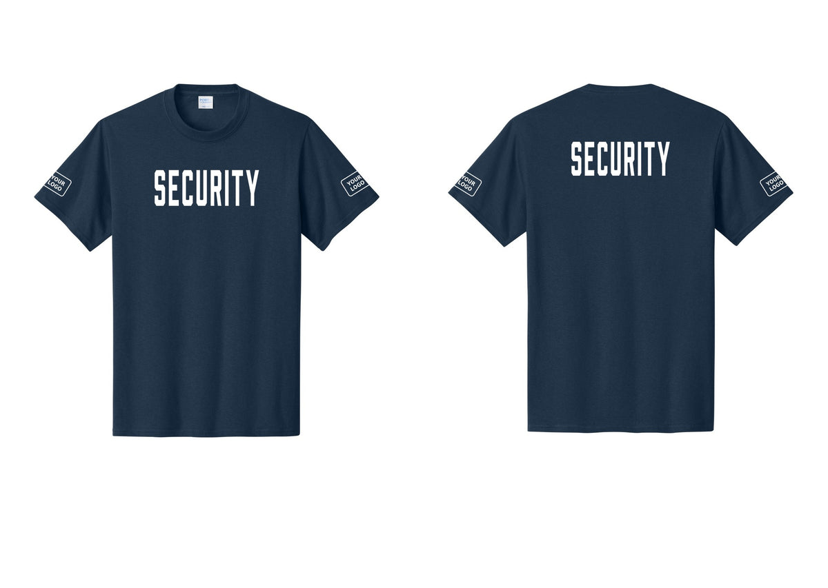 NYC Factory Unisex Security Custom Logo Black T-Shirt - Front + Back + Your Logo Sleeves - Navy
