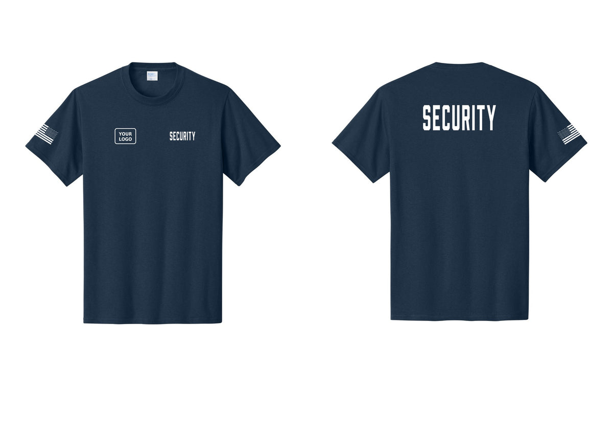 NYC Factory Unisex Security Custom Logo Black T-Shirt - SECURITY + Your Logo + Back + US Flag Sleeve - Navy