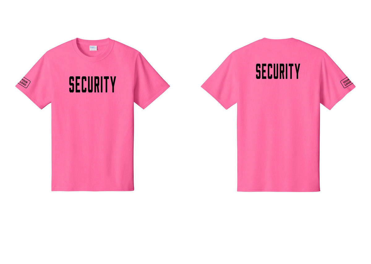 NYC Factory Unisex Security Custom Logo Black T-Shirt - Front + Back + Your Logo Sleeve - Neon Pink