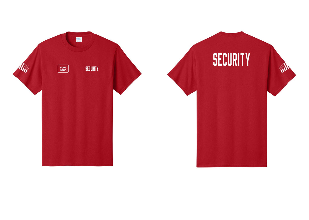 NYC Factory Unisex Security Custom Logo Black T-Shirt - SECURITY + Your Logo + Back + US Flag Sleeve - Red