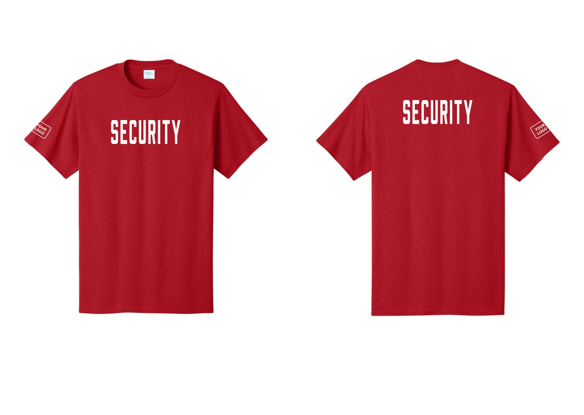 NYC Factory Custom Logo Security T-Shirt, Condensed Lettering - Front + Back + Your Logo Sleeve - Red