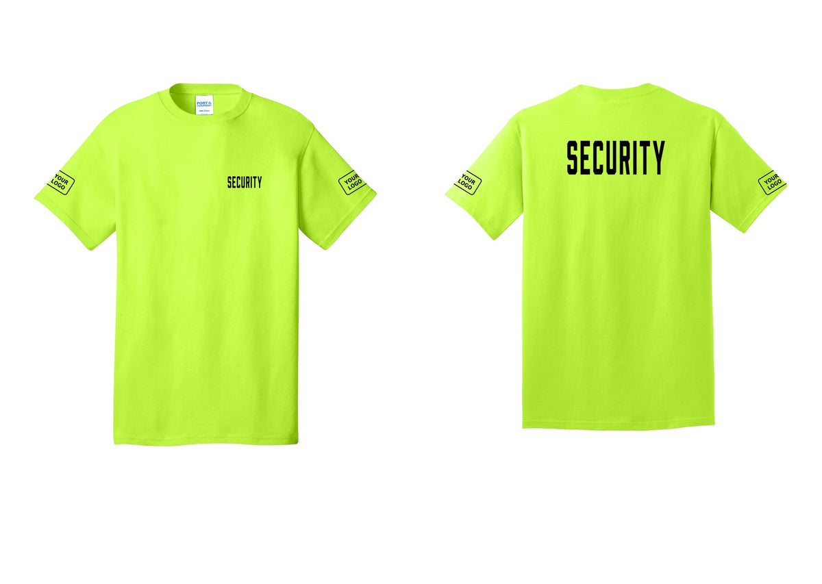 NYC Factory Unisex Security Custom Logo Black T-Shirt - Chest + Back + Your Logo Sleeves - Safety Green