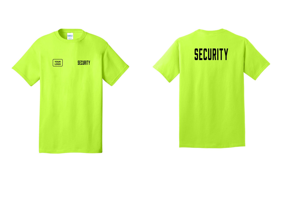 NYC Factory Custom Logo Security T-Shirt, Condensed Lettering - SECURITY + Your Logo + Back - Safety Green