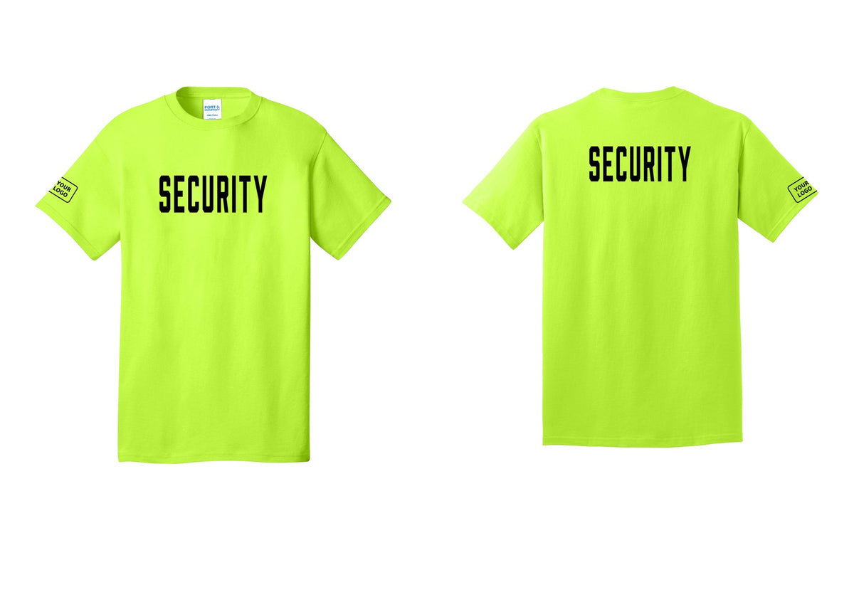 NYC Factory Unisex Security Custom Logo Black T-Shirt - Front + Back + Your Logo Sleeve - Safety Green