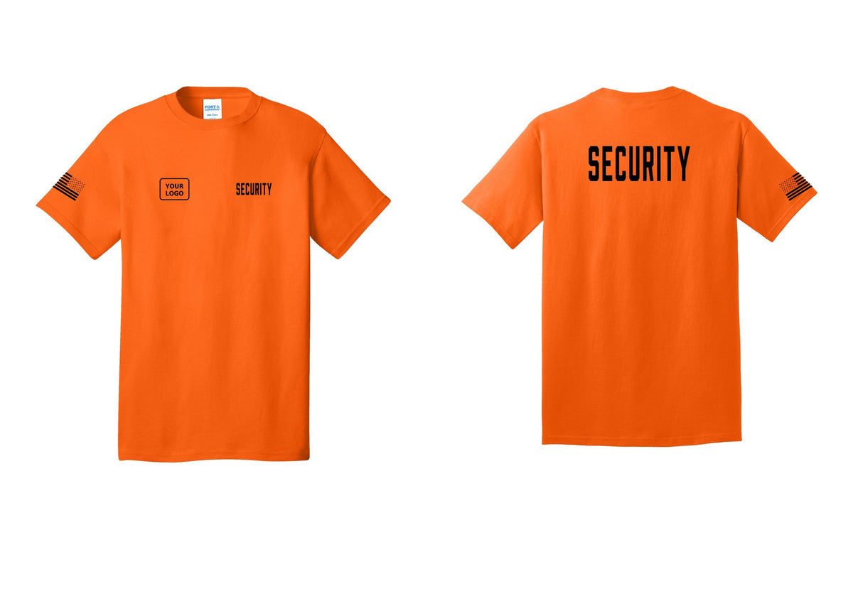 NYC Factory Unisex Security Custom Logo Black T-Shirt - SECURITY + Your Logo + Back + US Flag Sleeve - Safety Orange