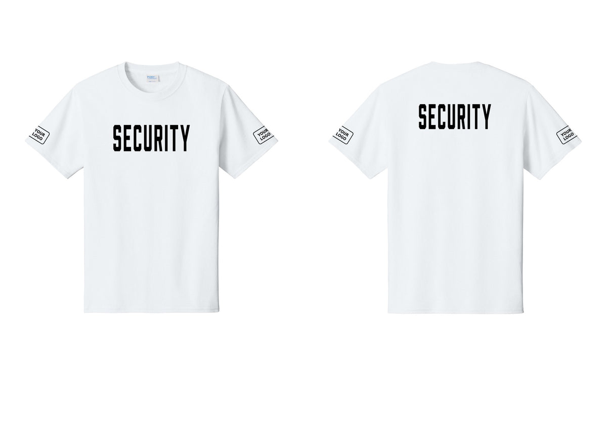 NYC Factory Unisex Security Custom Logo Black T-Shirt - Front + Back + Your Logo Sleeves - White