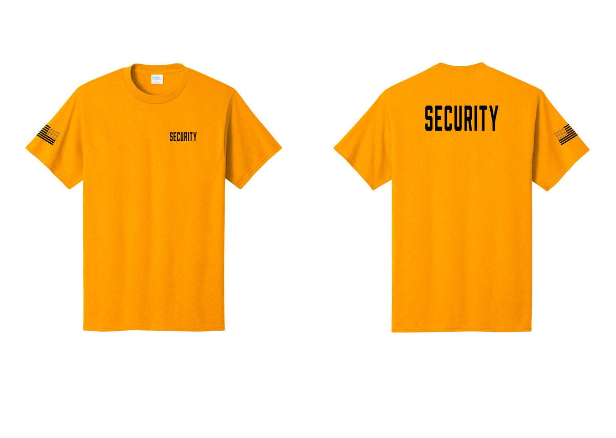 NYC Factory Security T-Shirt, Condensed Lettering - Chest + Back + US Flag Sleeve - Gold