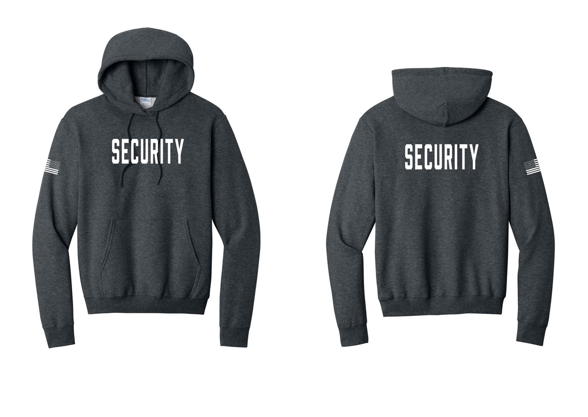 NYC Factory Security Cotton Fleece Pullover Hoodie (Classic) - Front + Back + US Flag Sleeve - Dark Heather Grey