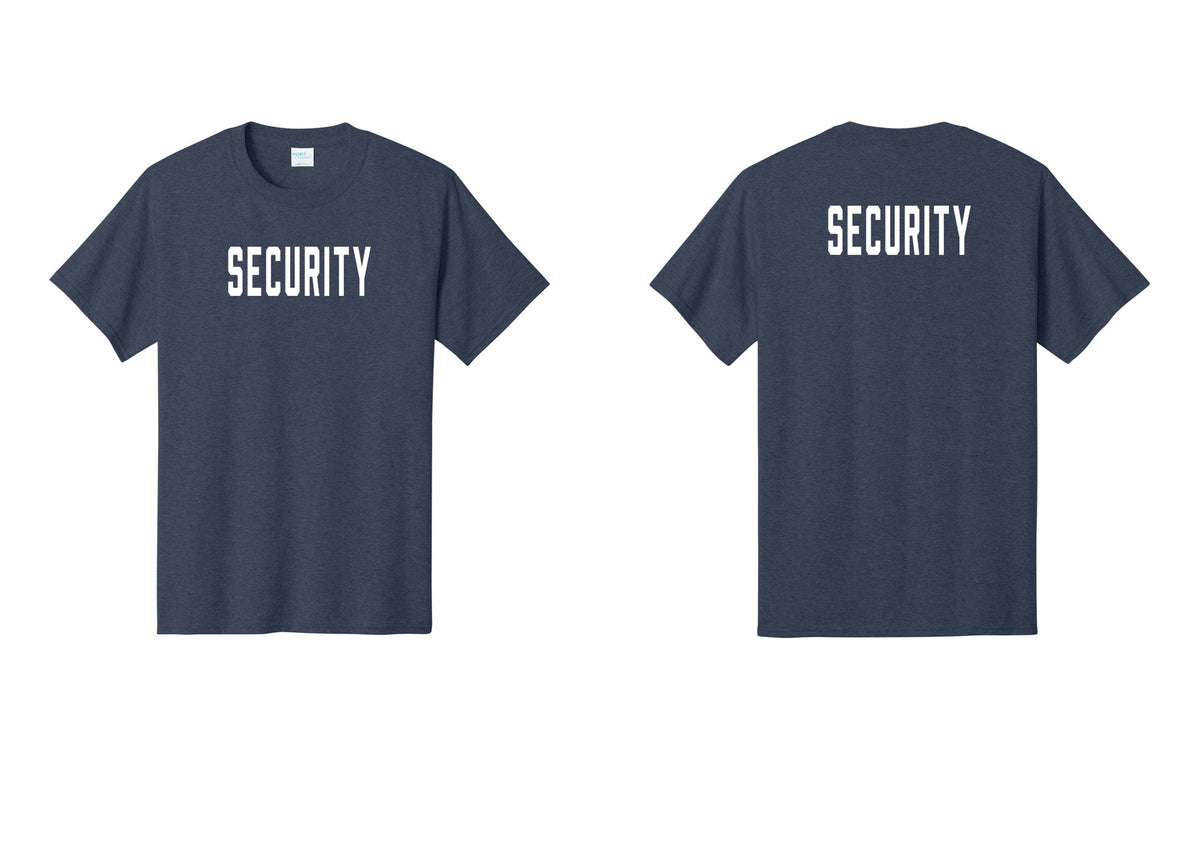 NYC Factory Security T-Shirt, Condensed Lettering - Front + Back - Heather Navy