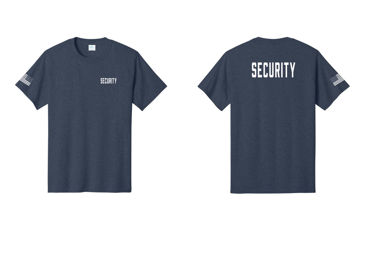 NYC Factory Security T-Shirt, Condensed Lettering - Chest + Back + US Flag Sleeve - Heather Navy