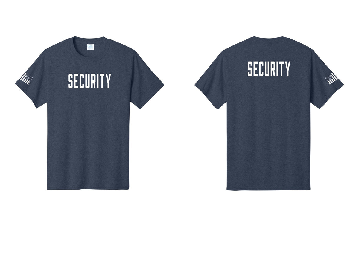 NYC Factory Security T-Shirt, Condensed Lettering - Front + Back + US Flag Sleeve - Heather Navy