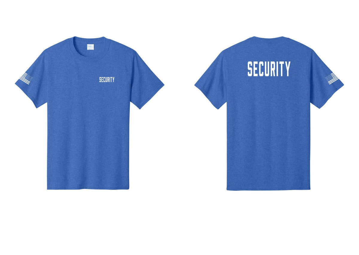 NYC Factory Unisex Security Black T-Shirt - Chest + Back + US Flag Sleeve - Heather Royal