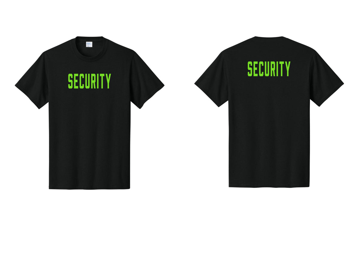 NYC Factory Security T-Shirt, Condensed Lettering - Front + Back - Black / Neon