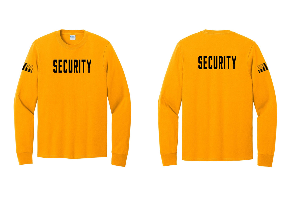 NYC Factory Security Cotton Long Sleeve T-Shirt (Classic) - Front + Back + US Flag Sleeve - Gold