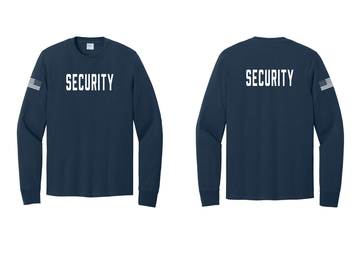 NYC Factory Security Cotton Long Sleeve T-Shirt (Classic) - Front + Back + US Flag Sleeve - Navy