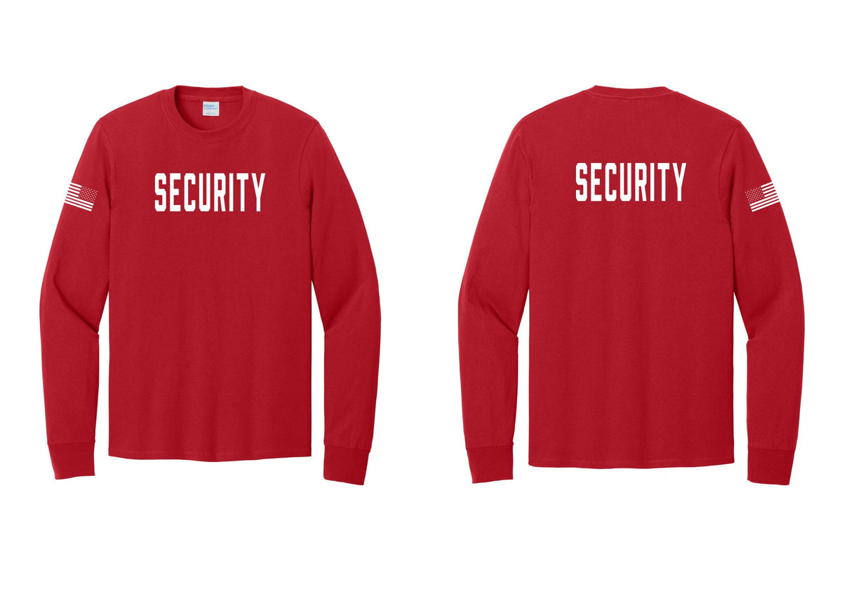 NYC Factory Security Cotton Long Sleeve T-Shirt (Classic) - Front + Back + US Flag Sleeve - Red