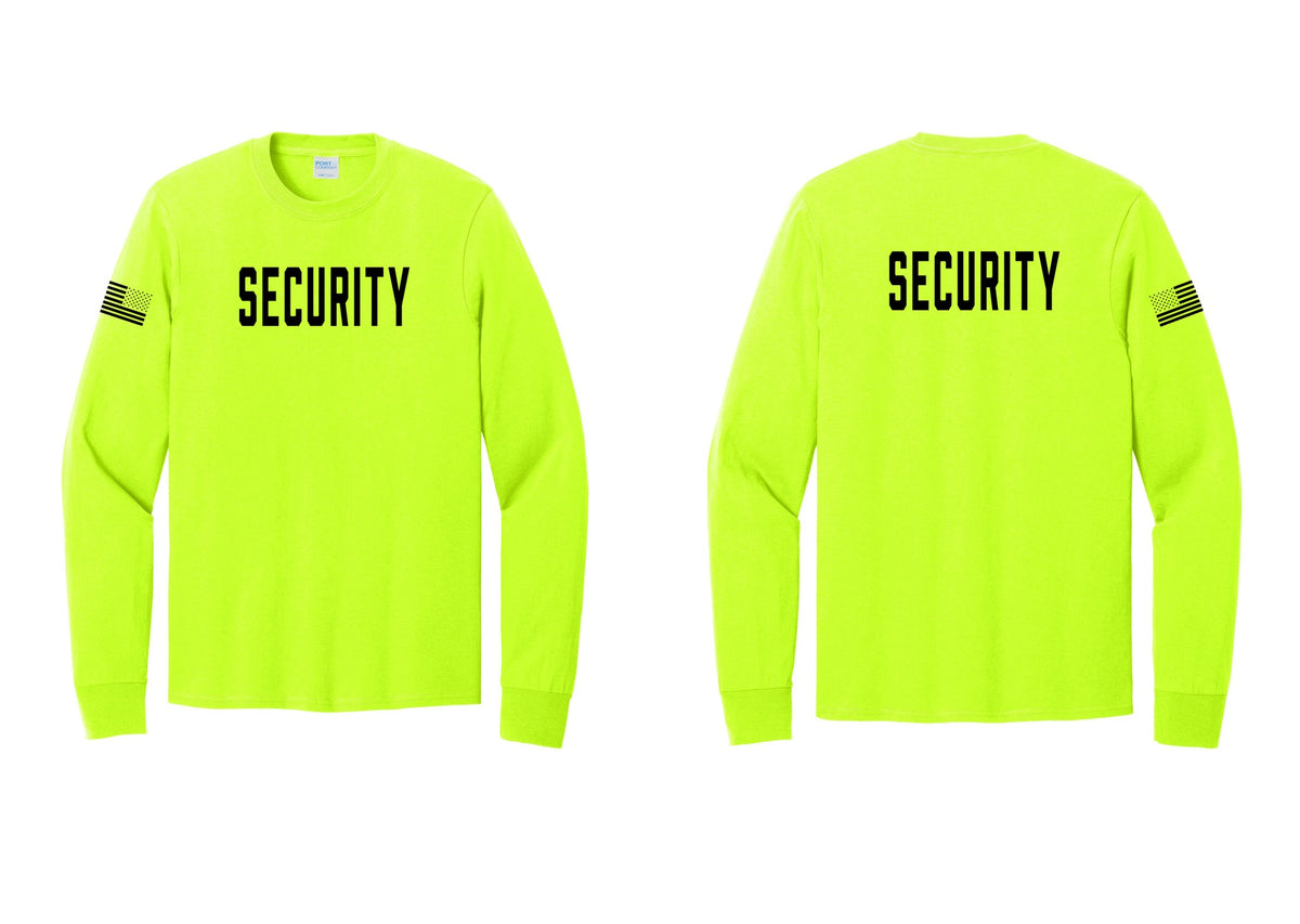 NYC Factory Security Cotton Long Sleeve T-Shirt (Classic) - Front + Back + US Flag Sleeve - Safety Green