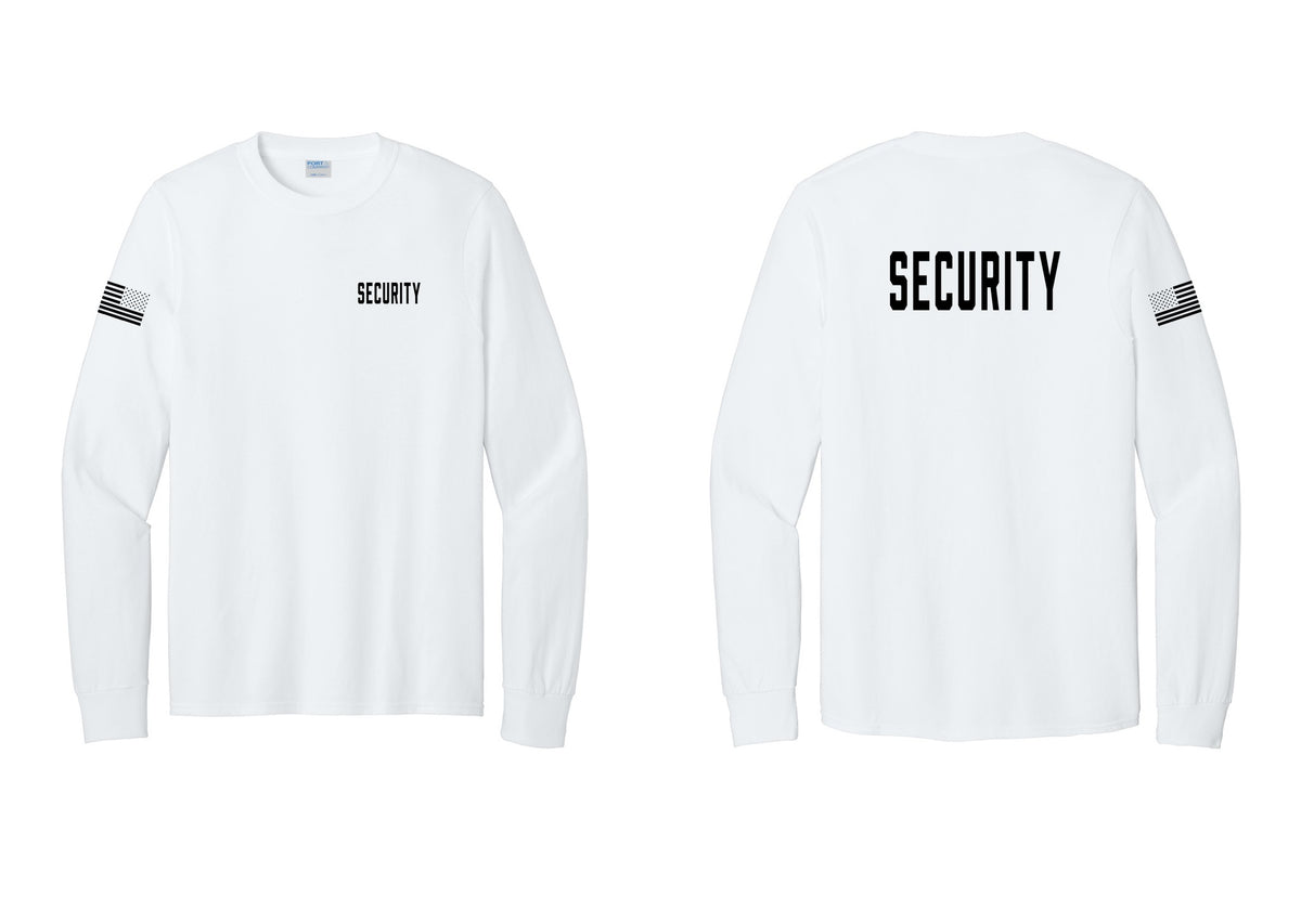 NYC Factory Security Cotton Long Sleeve T-Shirt (Classic) - Chest + Back + US Flag Sleeve - White